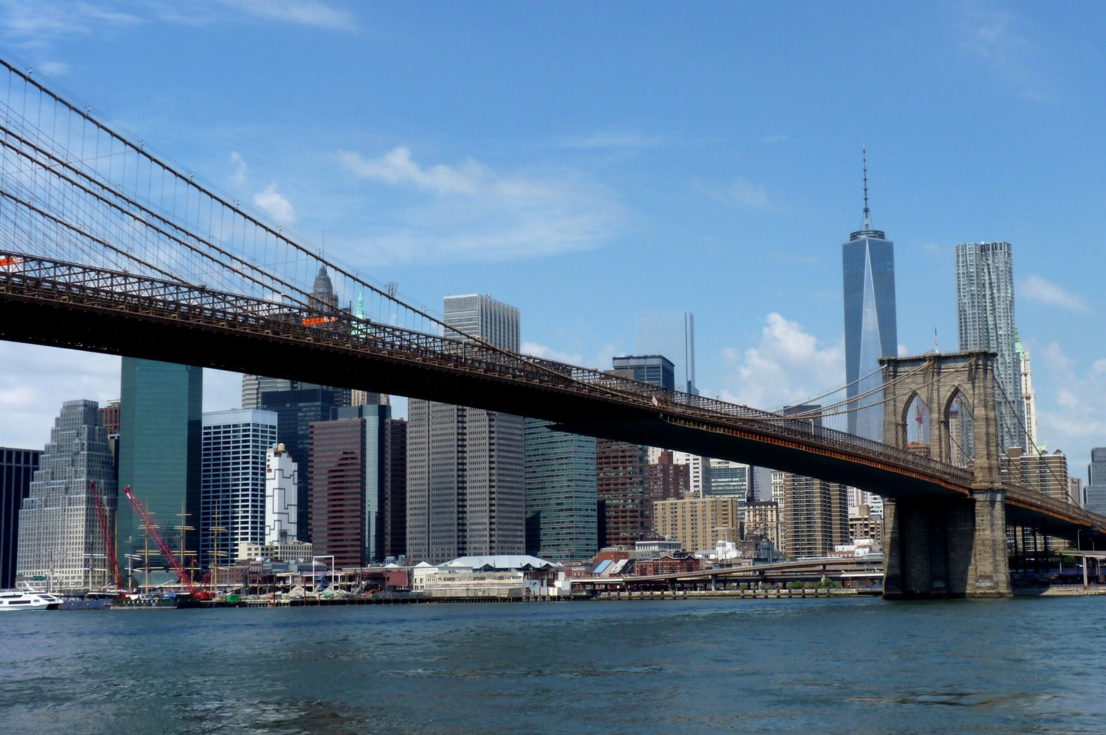 View of the Brooklyn Bridge with the Manhattan skyline behind it, New York City