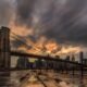 Brooklyn Bridge at sunset with the Manhattan skyline in the background, New York City