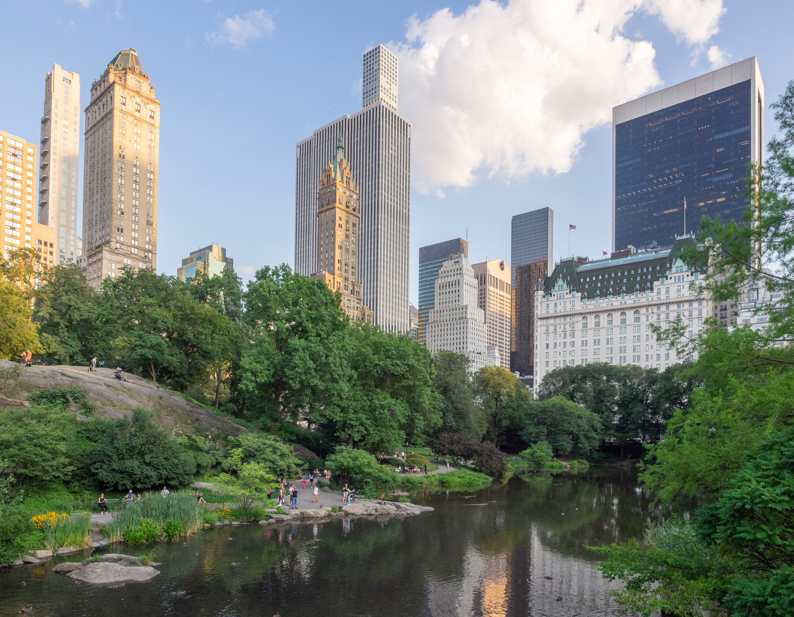 Aerial view of Central Park's pond surrounded by Manhattan skyscrapers, New York City