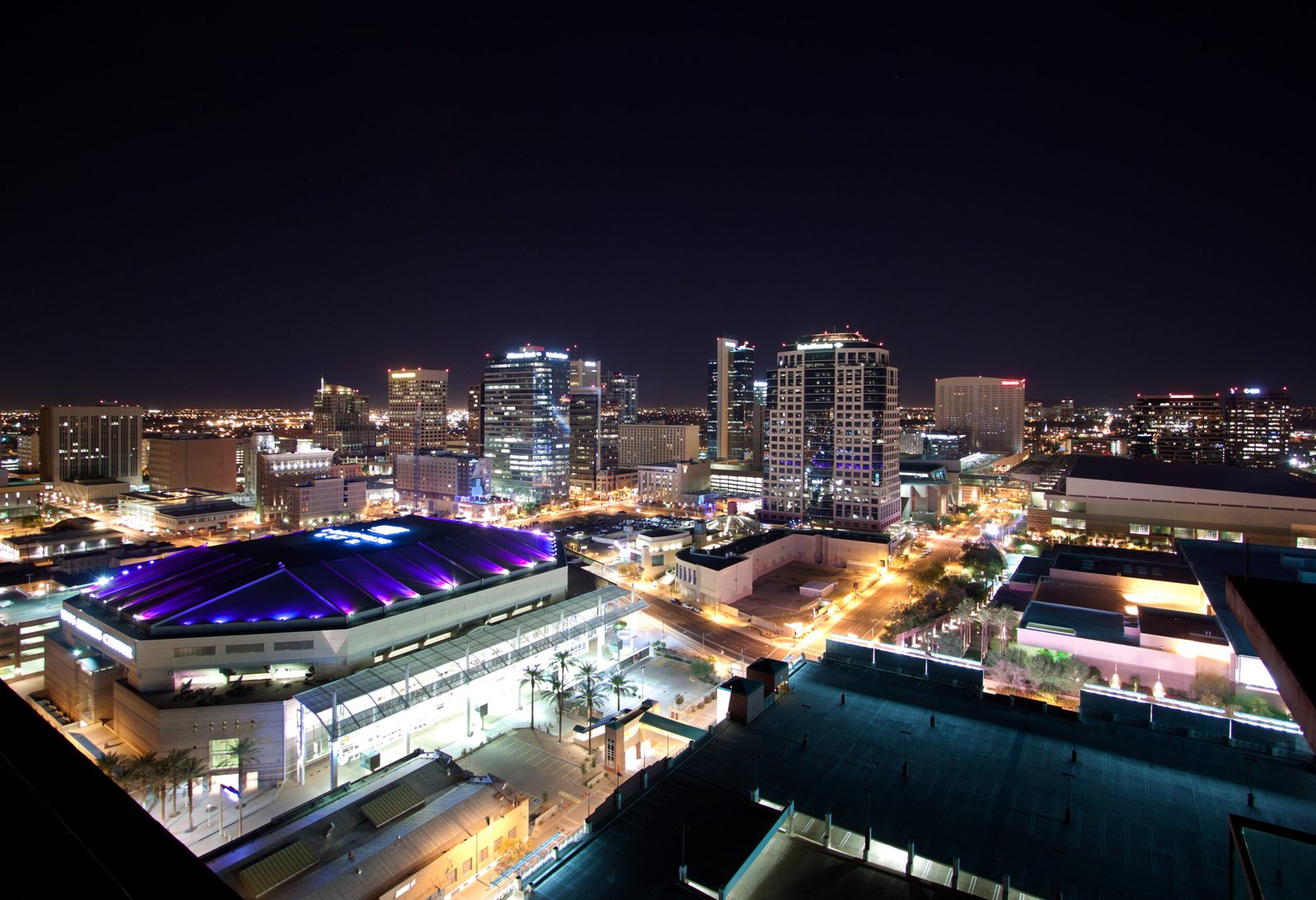 The downtown Phoenix skyline lit up at night, Arizona